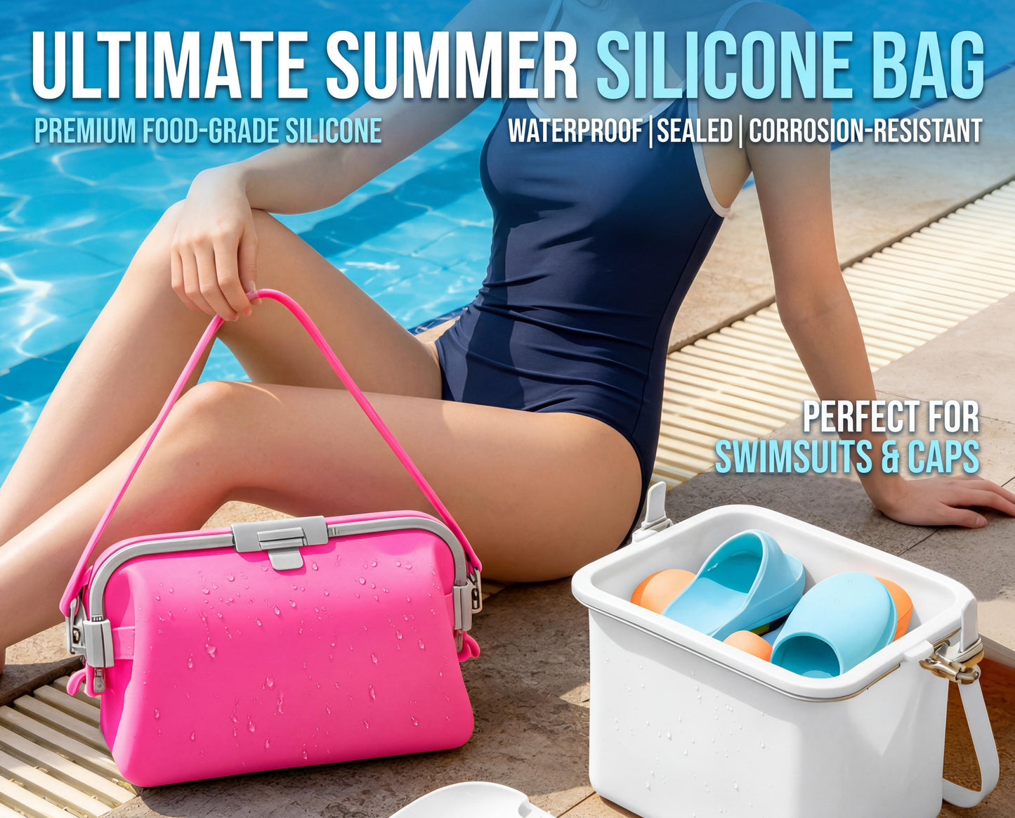 Waterproof Silicone Tote Bag, Leakproof Reusable HandheldStorage Bag Washable for Beach Hiking Camping Travel
