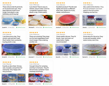 🥗6Pcs Reusable Silicone Stretch Lids for fit bowls, cups, fruits & more.