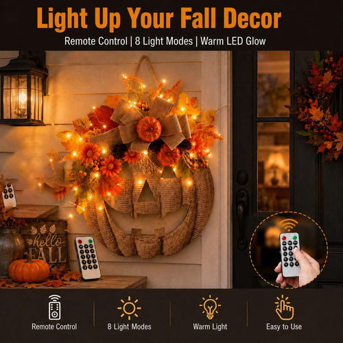 🎃 Remote Controlled LED Pumpkin Wreath | Farmhouse Fall Porch Decor ⭐672 Reviews | 60% Off Limited Time