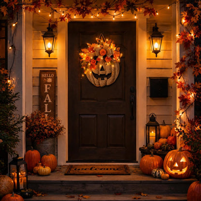 🎃 Remote Controlled LED Pumpkin Wreath | Farmhouse Fall Porch Decor ⭐672 Reviews | 60% Off Limited Time