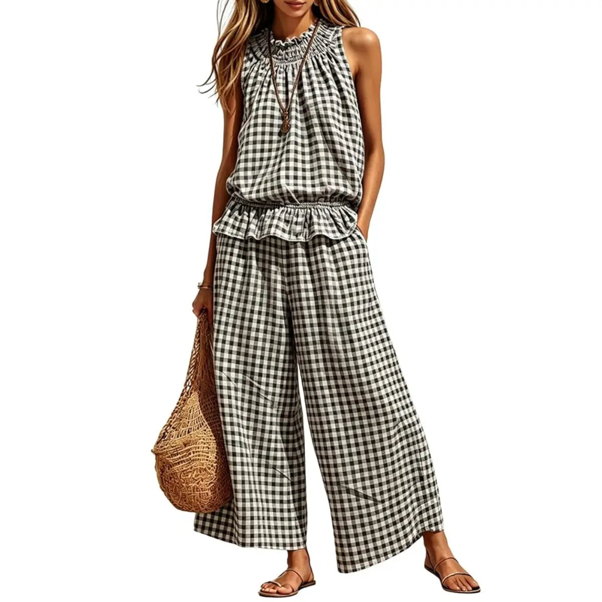 SOLVS Women's 2 Piece Set Outfits Gingham Plaid Sleeveless Ruffle Top Wide Leg Pants Summer Casual Beach Vacation Sets