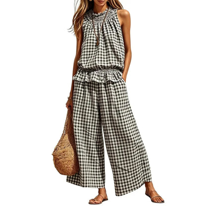 SOLVS Women's 2 Piece Set Outfits Gingham Plaid Sleeveless Ruffle Top Wide Leg Pants Summer Casual Beach Vacation Sets