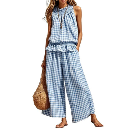 SOLVS Women's 2 Piece Set Outfits Gingham Plaid Sleeveless Ruffle Top Wide Leg Pants Summer Casual Beach Vacation Sets