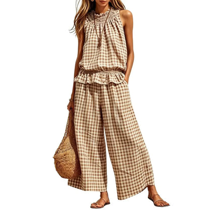 SOLVS Women's 2 Piece Set Outfits Gingham Plaid Sleeveless Ruffle Top Wide Leg Pants Summer Casual Beach Vacation Sets