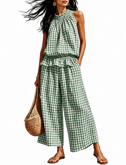 SOLVS Women's 2 Piece Set Outfits Gingham Plaid Sleeveless Ruffle Top Wide Leg Pants Summer Casual Beach Vacation Sets