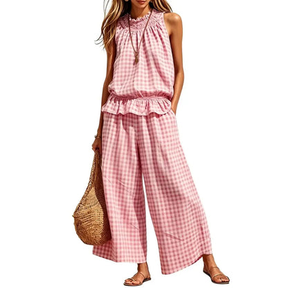 SOLVS Women's 2 Piece Set Outfits Gingham Plaid Sleeveless Ruffle Top Wide Leg Pants Summer Casual Beach Vacation Sets