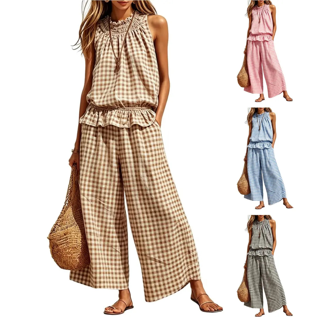 SOLVS Women's 2 Piece Set Outfits Gingham Plaid Sleeveless Ruffle Top Wide Leg Pants Summer Casual Beach Vacation Sets