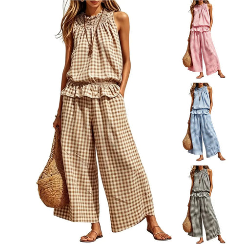 SOLVS Women's 2 Piece Set Outfits Gingham Plaid Sleeveless Ruffle Top Wide Leg Pants Summer Casual Beach Vacation Sets
