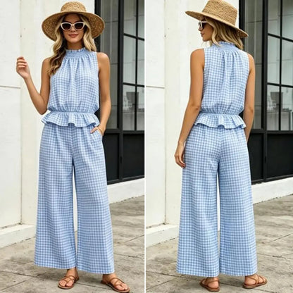 SOLVS Women's 2 Piece Set Outfits Gingham Plaid Sleeveless Ruffle Top Wide Leg Pants Summer Casual Beach Vacation Sets