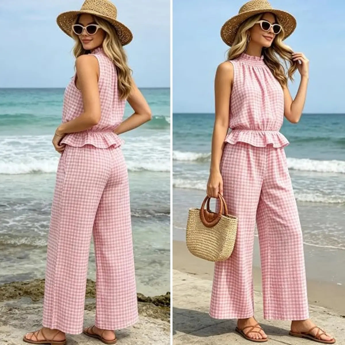 SOLVS Women's 2 Piece Set Outfits Gingham Plaid Sleeveless Ruffle Top Wide Leg Pants Summer Casual Beach Vacation Sets