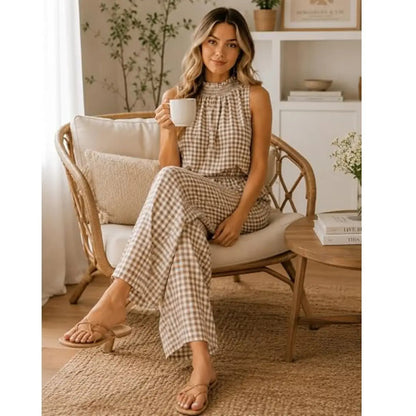 SOLVS Women's 2 Piece Set Outfits Gingham Plaid Sleeveless Ruffle Top Wide Leg Pants Summer Casual Beach Vacation Sets