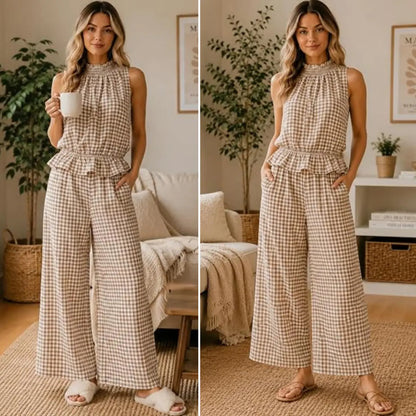 SOLVS Women's 2 Piece Set Outfits Gingham Plaid Sleeveless Ruffle Top Wide Leg Pants Summer Casual Beach Vacation Sets