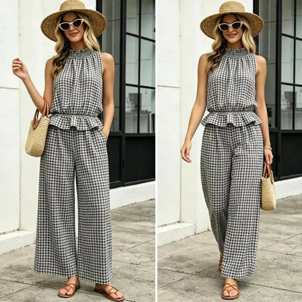 SOLVS Women's 2 Piece Set Outfits Gingham Plaid Sleeveless Ruffle Top Wide Leg Pants Summer Casual Beach Vacation Sets