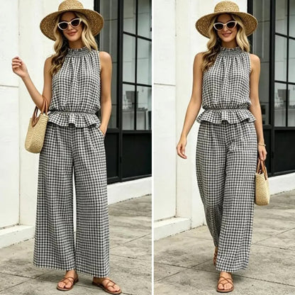 SOLVS Women's 2 Piece Set Outfits Gingham Plaid Sleeveless Ruffle Top Wide Leg Pants Summer Casual Beach Vacation Sets