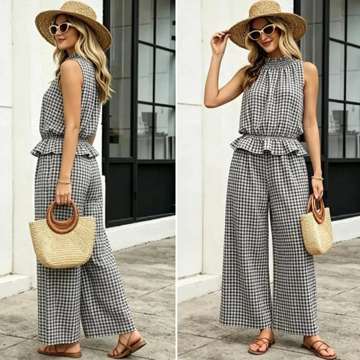 SOLVS Women's 2 Piece Set Outfits Gingham Plaid Sleeveless Ruffle Top Wide Leg Pants Summer Casual Beach Vacation Sets