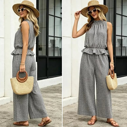 SOLVS Women's 2 Piece Set Outfits Gingham Plaid Sleeveless Ruffle Top Wide Leg Pants Summer Casual Beach Vacation Sets