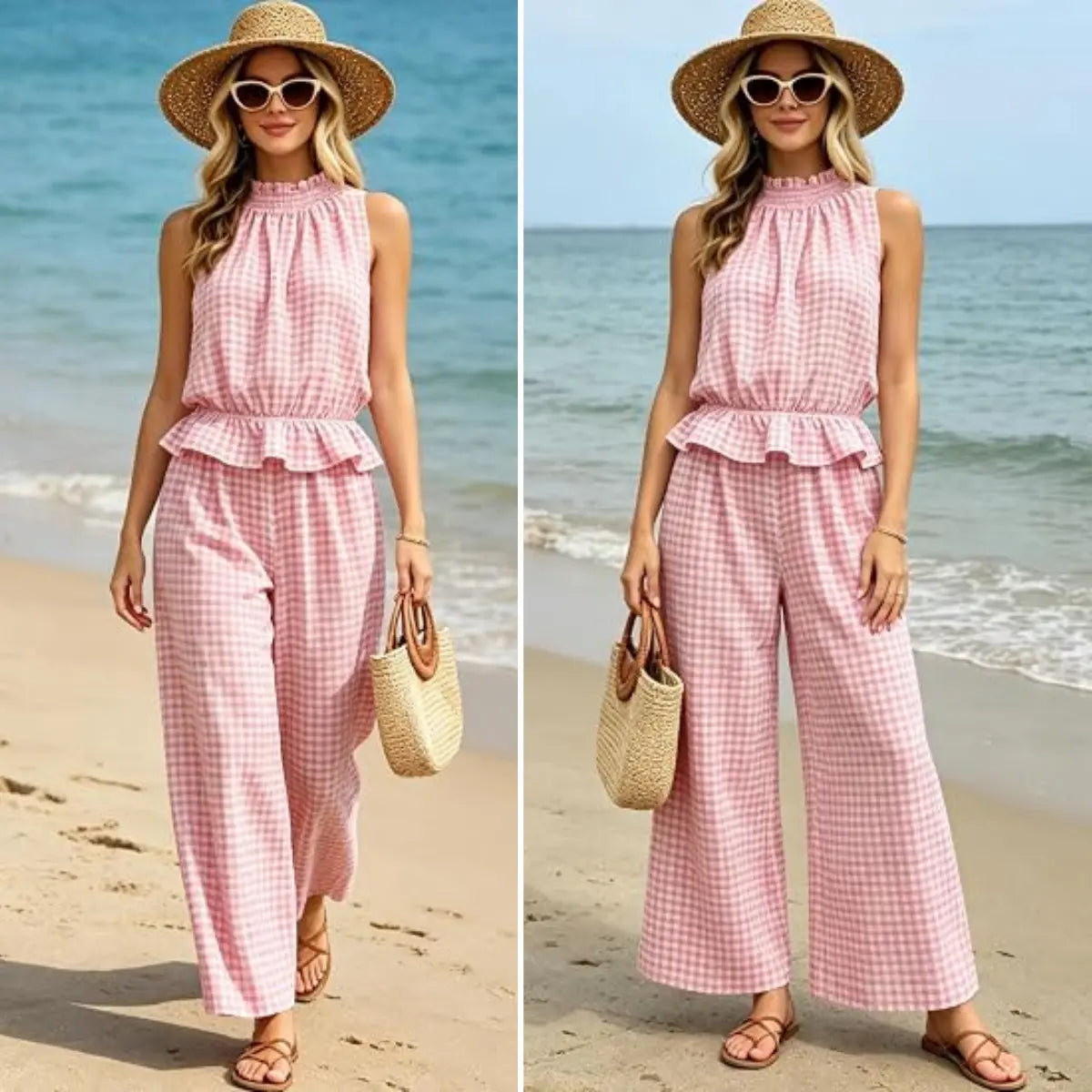 SOLVS Women's 2 Piece Set Outfits Gingham Plaid Sleeveless Ruffle Top Wide Leg Pants Summer Casual Beach Vacation Sets