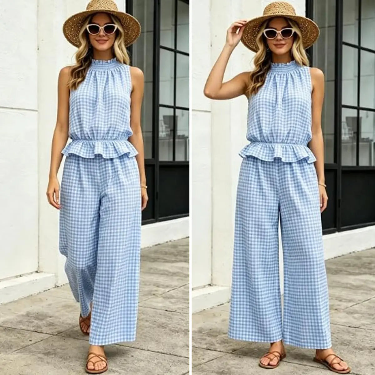SOLVS Women's 2 Piece Set Outfits Gingham Plaid Sleeveless Ruffle Top Wide Leg Pants Summer Casual Beach Vacation Sets