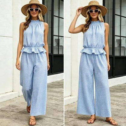 SOLVS Women's 2 Piece Set Outfits Gingham Plaid Sleeveless Ruffle Top Wide Leg Pants Summer Casual Beach Vacation Sets