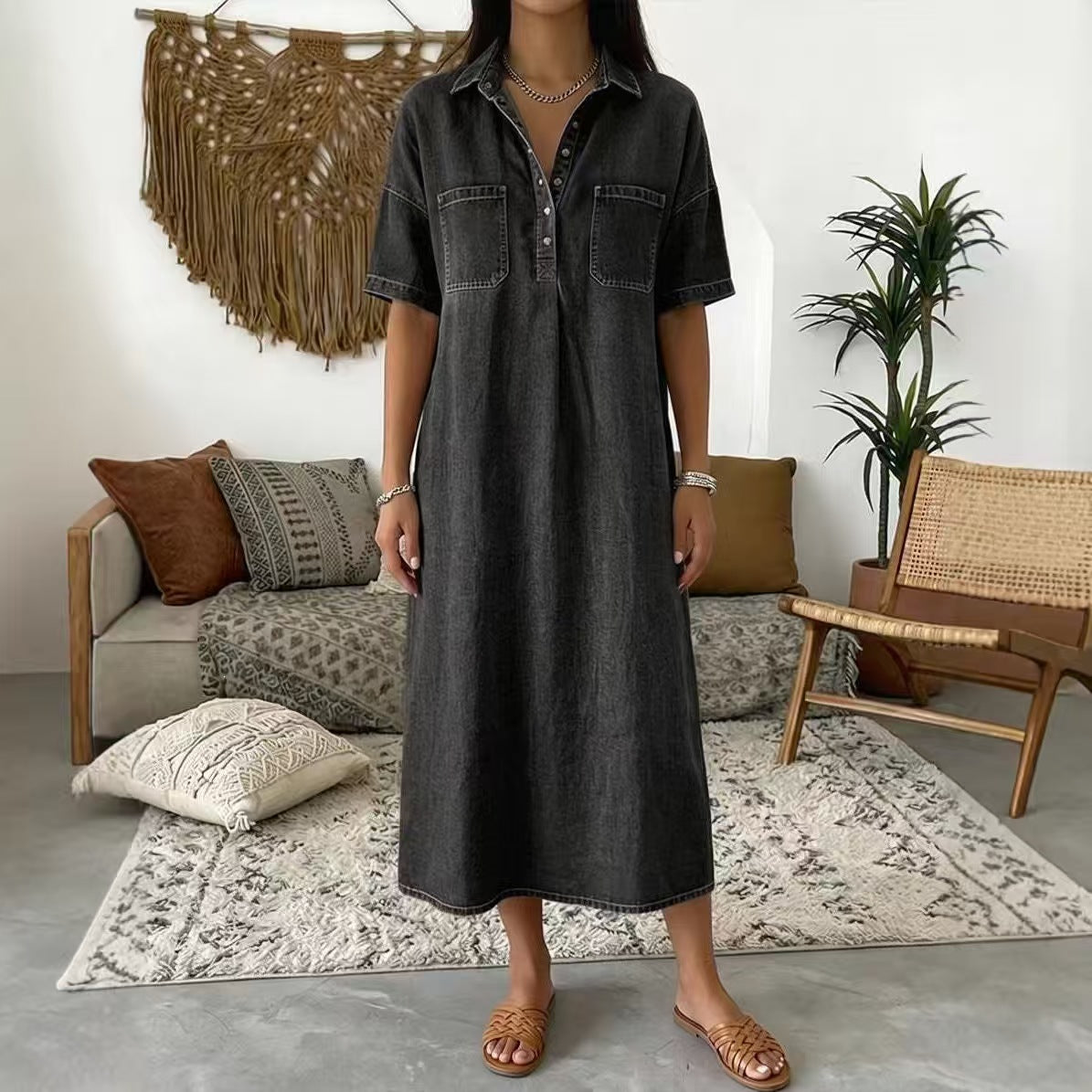👗 50% OFF NOW! 👖 Casual Pocket Denim Midi Shirt Dress – Soft denim & relaxed fit – Functional pockets, perfect for everyday casual – comfortable and versatile ✨🌸